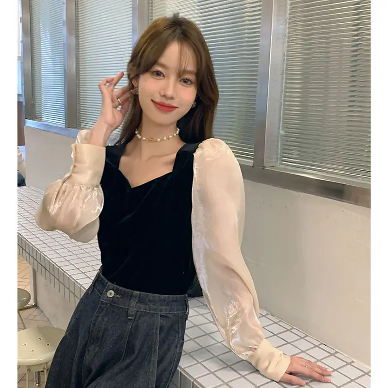 Blouses Women Patchwork Slim Puff Sleeve V-neck Design Elegant Gentle Sweet All-match Casual Cozy Chic Fashion Retro Ulzzang Ins