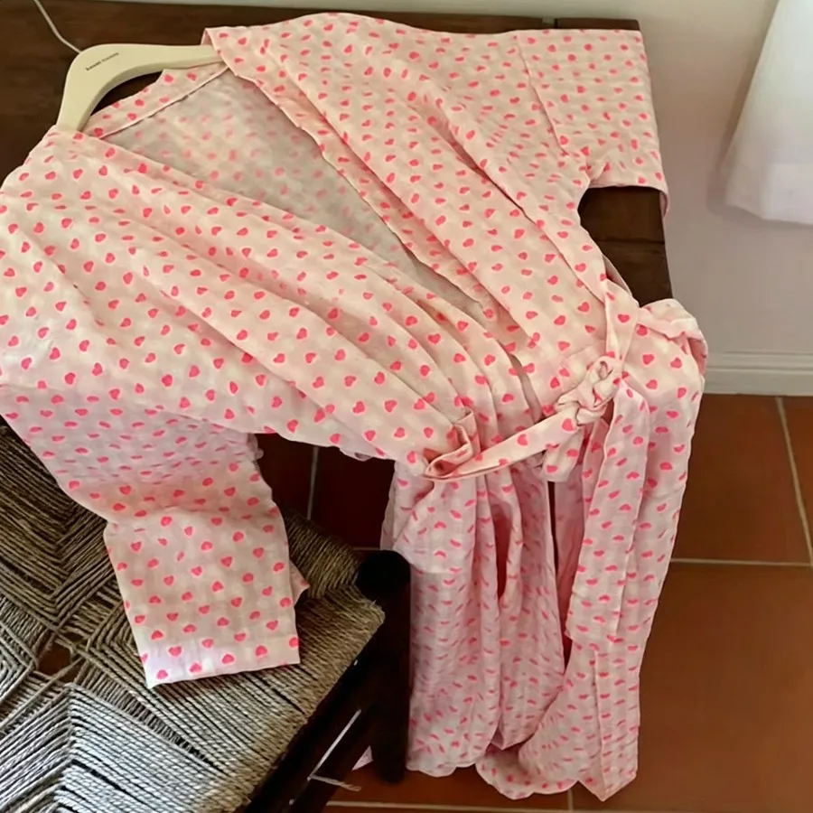 

Sweet Pajama Robe for Women, Spring and Autumn, Heart Plaid, V-Neck, Tie-Waist, Casual Mid-Length Homewear, Sleep Robe, Nightgow