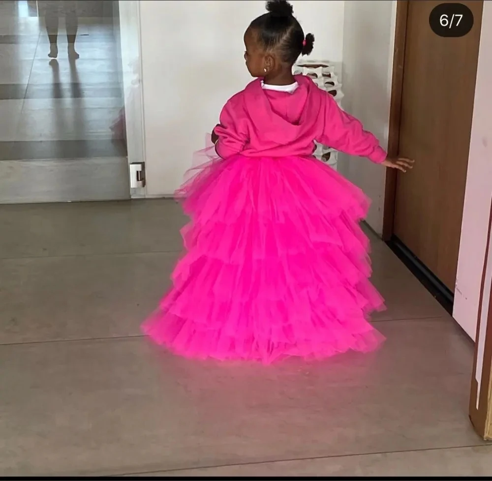 Cutie Kids Tutu Skirts Puffy Tiered Tulle Child Long Skirt Hot Pink Chic Flower Girl Dress Custom Made