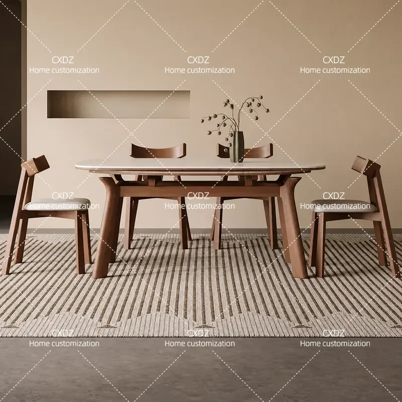 Travertine Stone Solid Wood Retractable Dining Table Modern Light Luxury Folding Extendable Kitchen Furniture 2025 New
