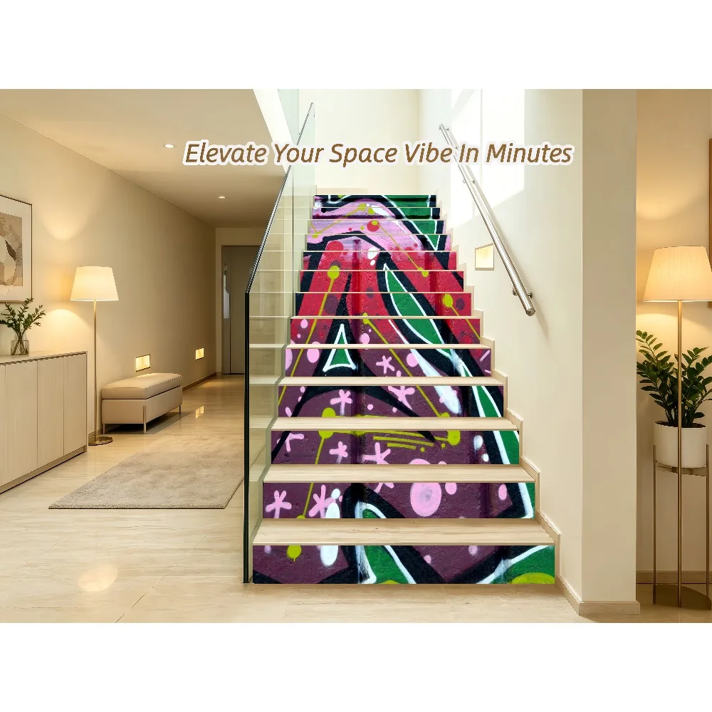 Graffiti Pop Art Stair Riser Decals 2D Flat Self Adhesive Colorful Street Art Stair Tread Stickers Waterproof Home Renovation