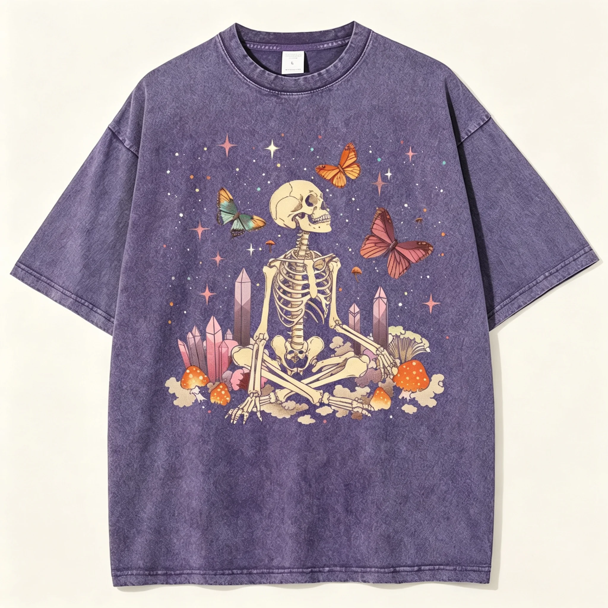 Unisex Vintage Washed T‑Shirt Meditation Skeleton Graphic T‑Shirt Retro Gothic Aesthetic Short Sleeve Loose Casual Tee