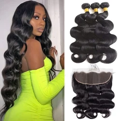 Body Wave-extensiones de cabello humano virgen brasileño, mechones con Frontal, Color negro Natural, 13x4, HD, 3 uds.