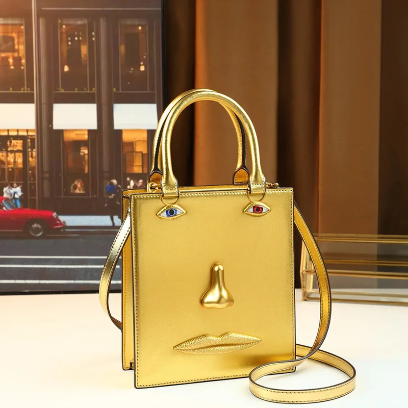 2026 Women Niche Art 3D Metal Face Handbag Lady High Quality PU Leather Shoulder Bag Female Fashion Design Messenger Bag