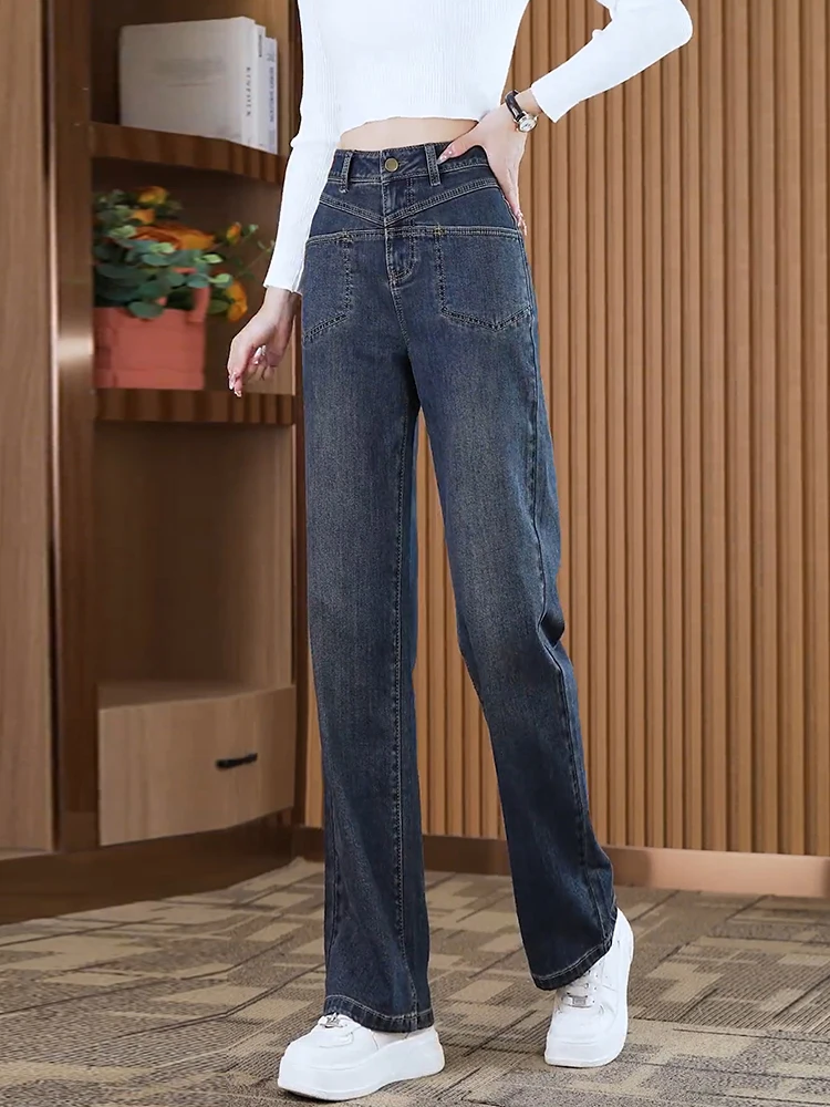 

Ретро джинсы с высокой талией, свободные, повседневные, прямые, из денима, женские, весна-осень, новый стиль, широкие брюки в пол