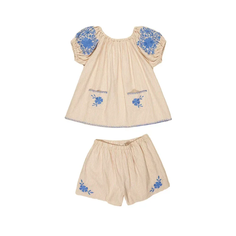 2025 Summer Apo Kids Set New Girl Countryside Style High Ding Heavy Industry Pulling Top Shorts Two Piece Set