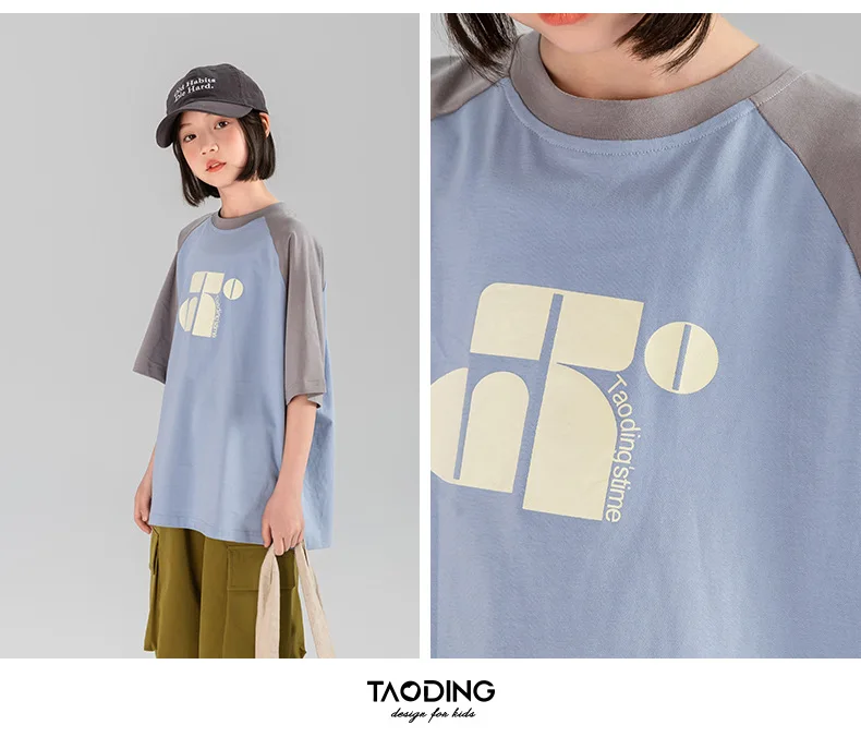 女の赤ちゃんのための半袖Tシャツ,夏のトップ,中型,山のプリント,綿,対照的,2024