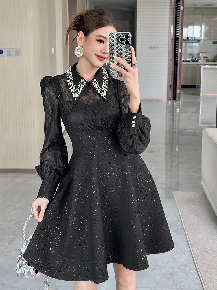 Exquisites süßes Geburtstagsparty-Kleid für Frauen, elegant, niedlich, helle Strasssteine, Diamanten, transparente Spitze, Ballkleid, Bankett, Vestidos