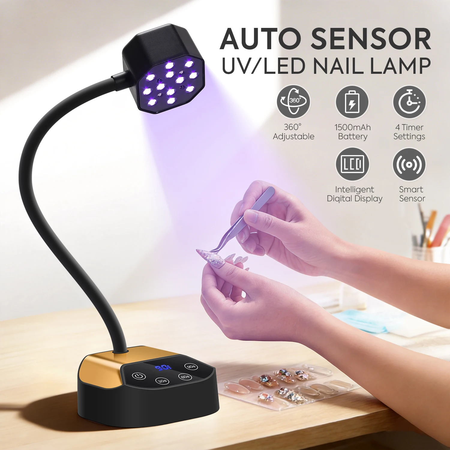 Gooseneck Mini UV Light Gel Nails Portable 12LEDS Nail Lamp Rechargeable With 4 Timers Setting Nails For Salon Home DIY Use