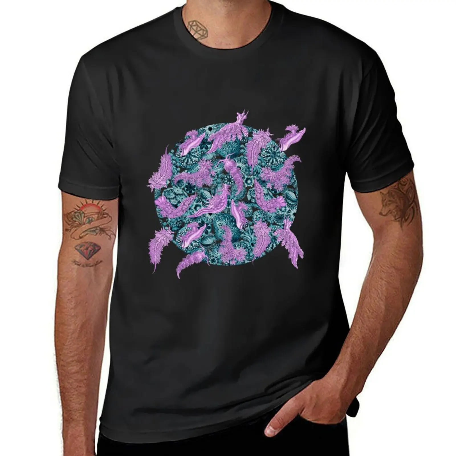 Ernst Haeckel Pink Nudibranch over Cerulean Sea Squirts T-Shirt oversizeds anime shirts graphic tees men t shirt