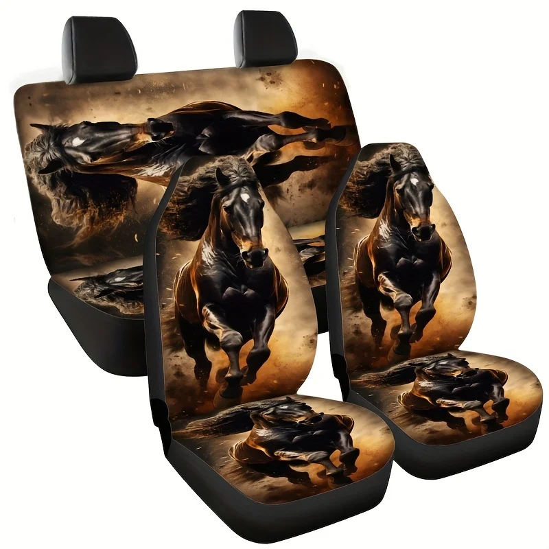 

2-5 Seat Set Black War Horse Print Car Seat Covers, Universal Fit, Polyester, Non-Slip, Absorbent, Washable, Woven Fabric, No Fi