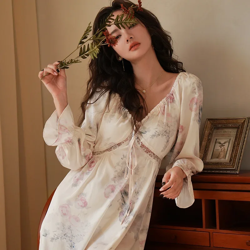 QWEEK Satin Long One-piece Dress Gown Designer Clothes Women Luxury Sleepwear Summer Elegant Victorian Style Nightie