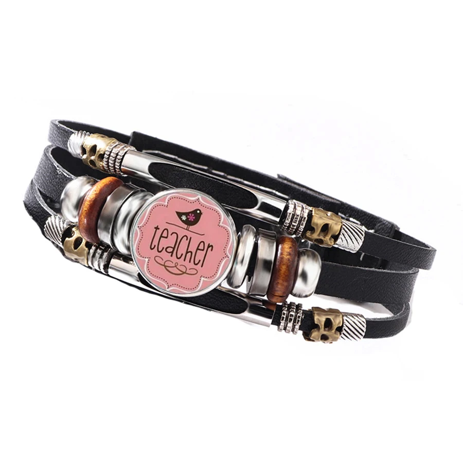 Teacher Appreciation Themed Bracelet Soft Pink Teacher Bird Pattern Round Retro Wristband Perfect Back To School Holiday Gift