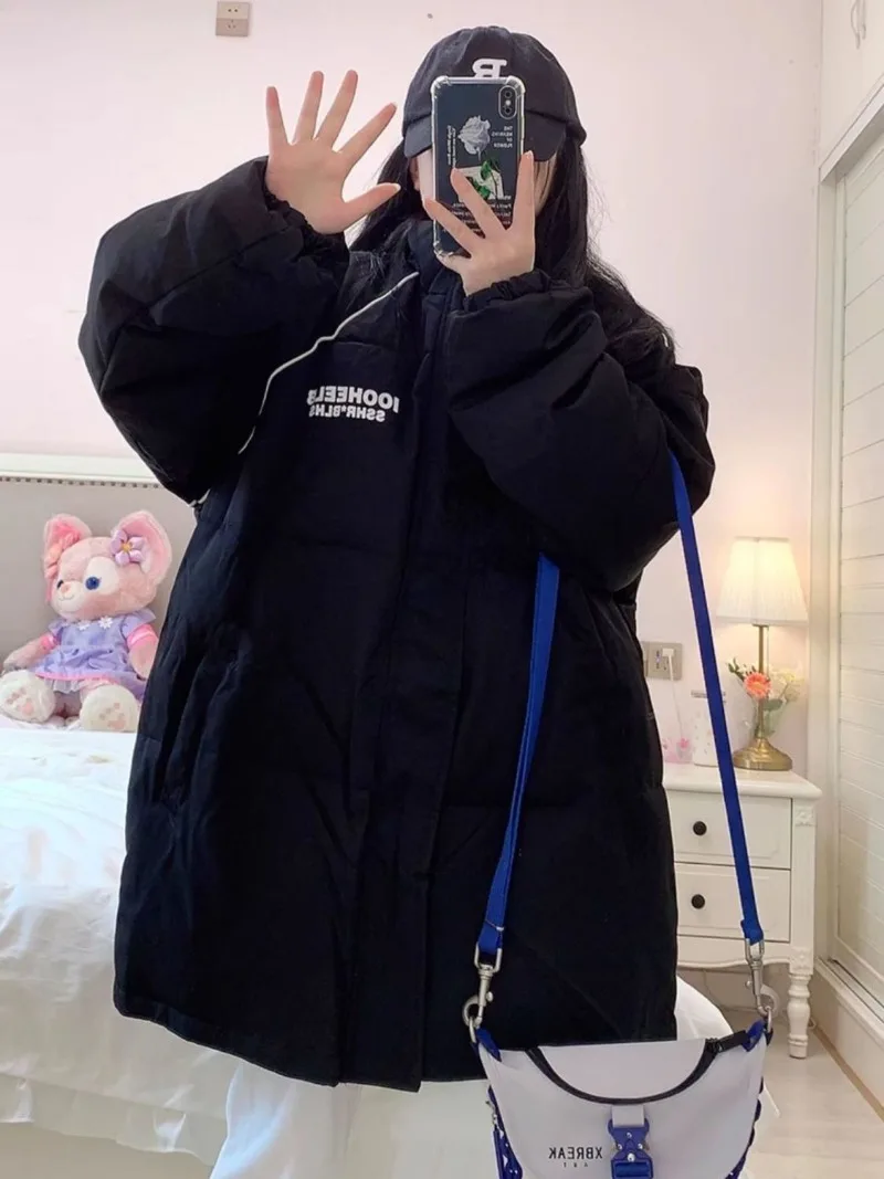 Parka donna trendy contrasto colore lettera stampa colletto alla coreana antivento inverno caldo addensare vitalità giovanile capispalla con cerniera allentata