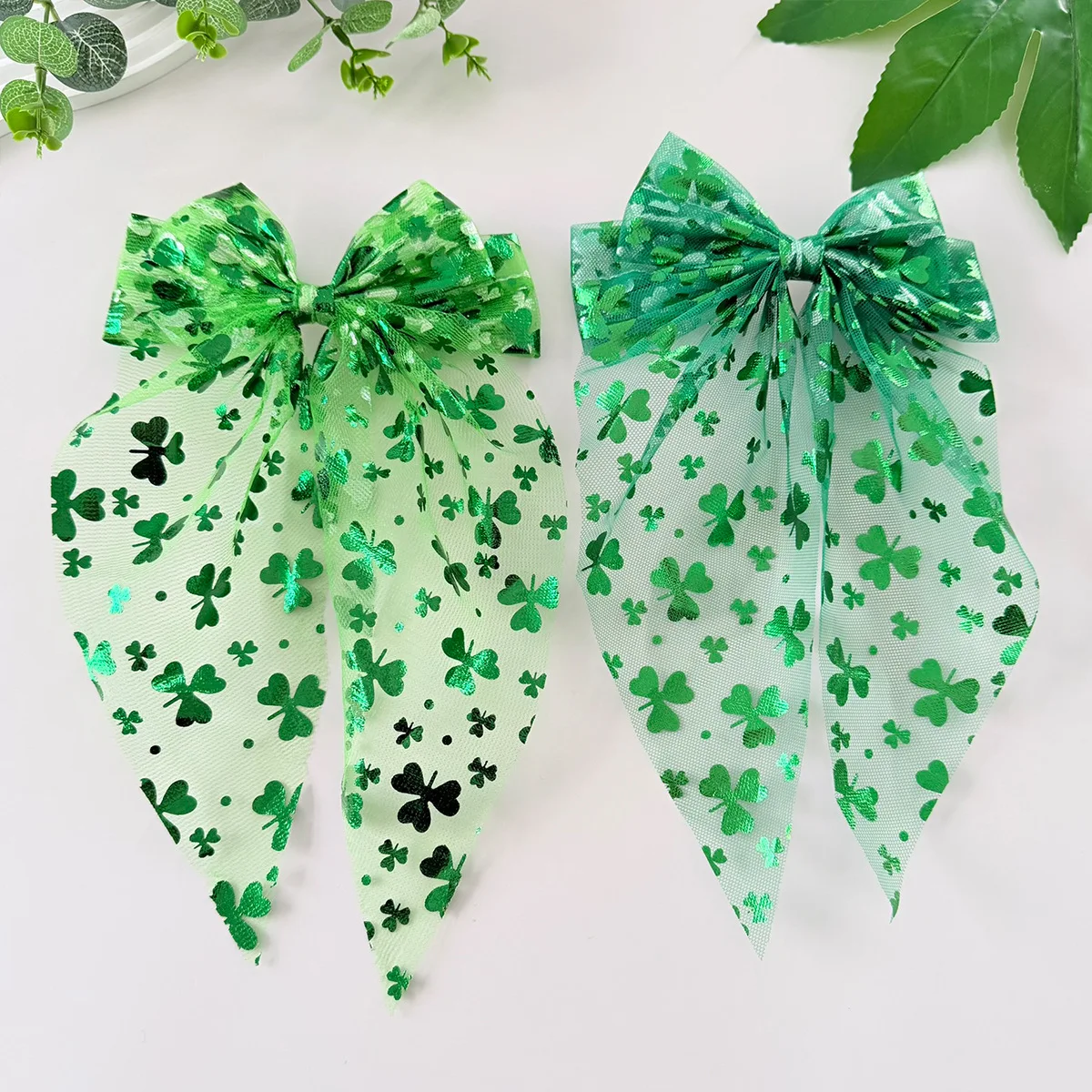 1pc Large Mesh Bow Spring Hair Clip St. Patrick’s Day Green Clover Party Festive Headwear for Women Girls Costume Decor