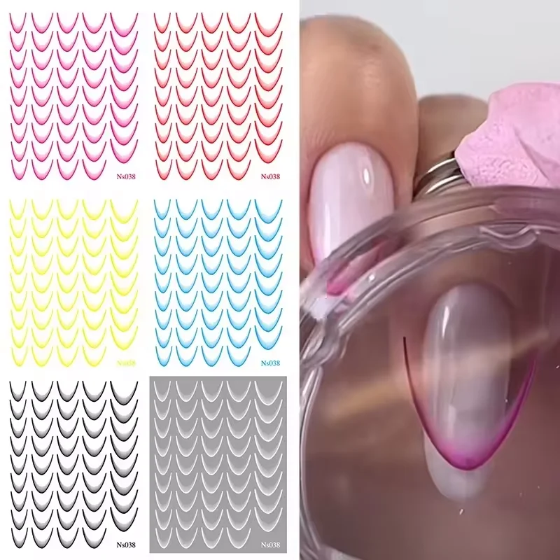 Pegatinas de uñas de estilo francés de colores 3D, diseño romántico francés, accesorios de uñas de moda, calcomanía de línea degradada, 9 piezas