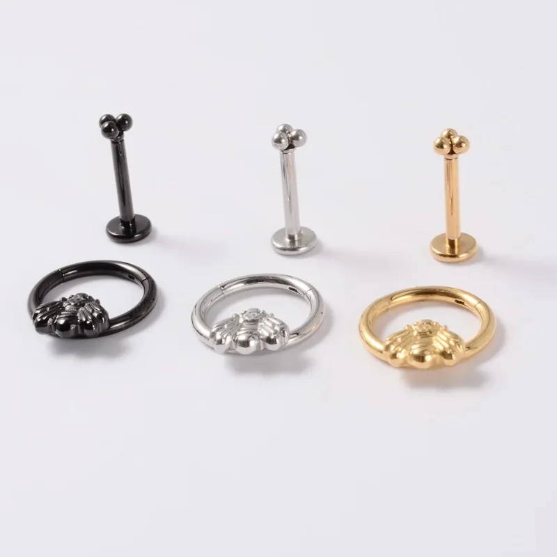 1 Pcs Small Bee Nose Ring Three Ball Inner Teeth Lip Nail Electroplating Stainless Steel Bee Nose Ring Ear Bone Nail
