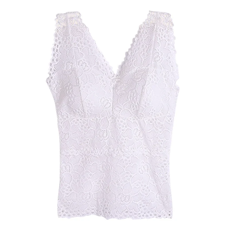 Fashion Ladies Lace Flower Vest With Chest Pad Long V-Neck Sleeveless Solid Color Tank Tops