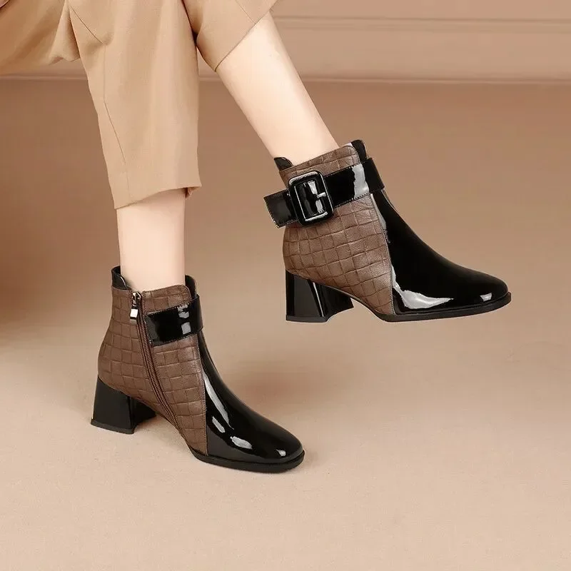 Damskie buty za kostkę Grube obcasy Platforma Krótkie buty Moda 2024 Buty damskie Retro Pasek Klamra Buty robocze Botas De Mujer