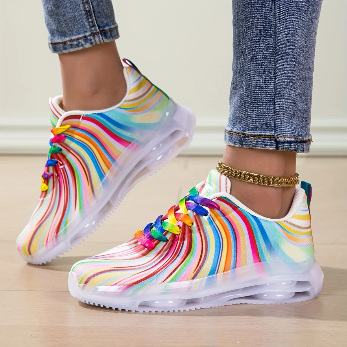 Women's Rainbow Stripe Casual Sports Shoes Summer Mesh Fashion Flat Beach and Leisure Holiday Lace-up Running Shoes for Ladies