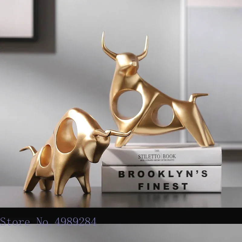 

Nordic Resin Animal Sculpture Abstract Simulation Cow Bull Statue Golden Hollow Modern Home Decoration Porch Desktop Accessories