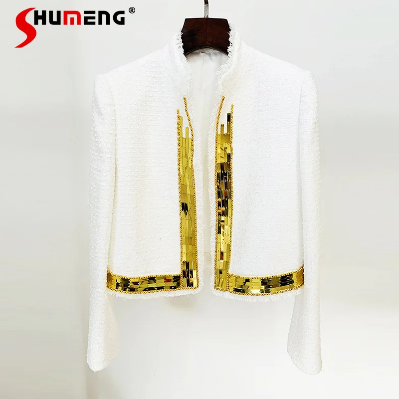 

2023 Spring Autumn Fashion New Temperament Heavy Industry Metal Sheet Beaded Stand Collar Woolen Coat short Jacket for Women