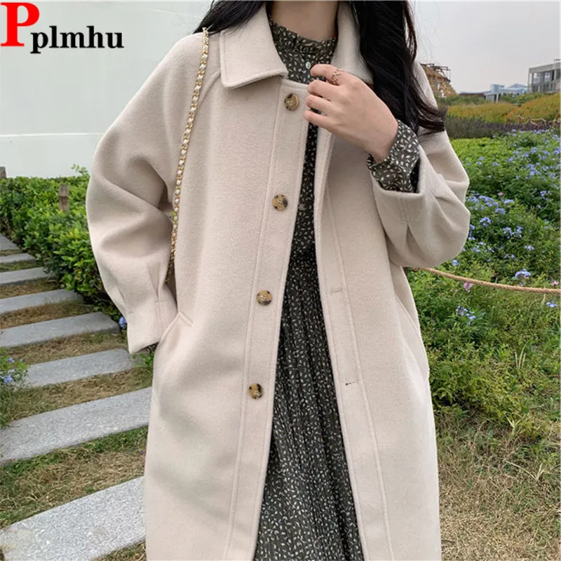 Winter Mid Length Woolen Coats Tops Loose Korean Unlined Outerwears Elegant Wool Blend Jackets New Single Breasted Beige Abrigos