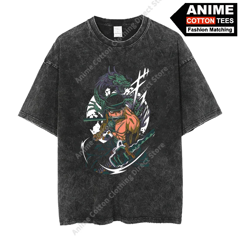 

Retro Washed styl T Shirt Anime ONE PIECE - Roronoa Zoro Print Clothes Fashion Street Men Women Short Sleeve Cotton Loose Tees