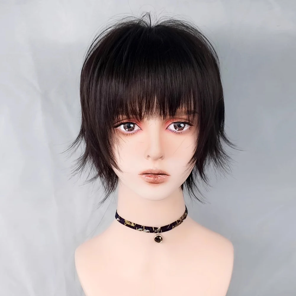 VICWIG شعر مستعار اصطناعي قصير أسود مستقيم مع الانفجارات أنيمي تأثيري الرجال والنساء شعر مستعار للحفلات اليومية #3