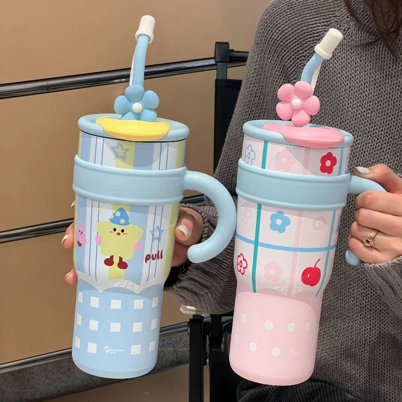 

1PC 1200ml Thermos Cup Large Capacity Straw Cup Girls Ins Style Cute Water Bottle Stainless Steel Thermos Cute with Handle Straw