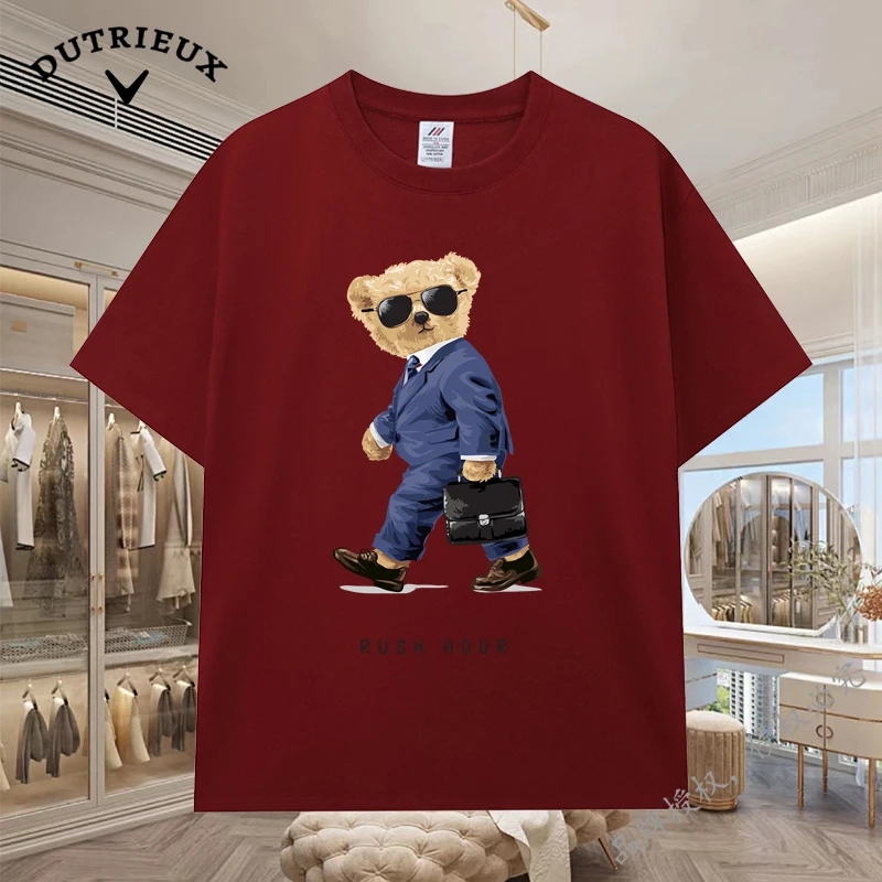 2024 New Luxury Bear Short Sleeved Men's and Women's Loose 230g Fabric weight Cotton Versatile Round Neck Breathable Inner Layup