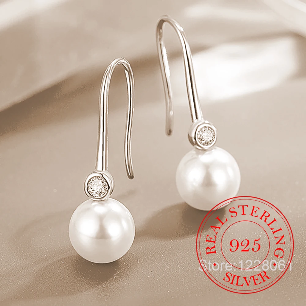 

925 Sterling Silver 8MM Pearl Drop Earrings For Women Cubic Zircon Jewelry Wedding Engagement Fashion Party Charm Gift