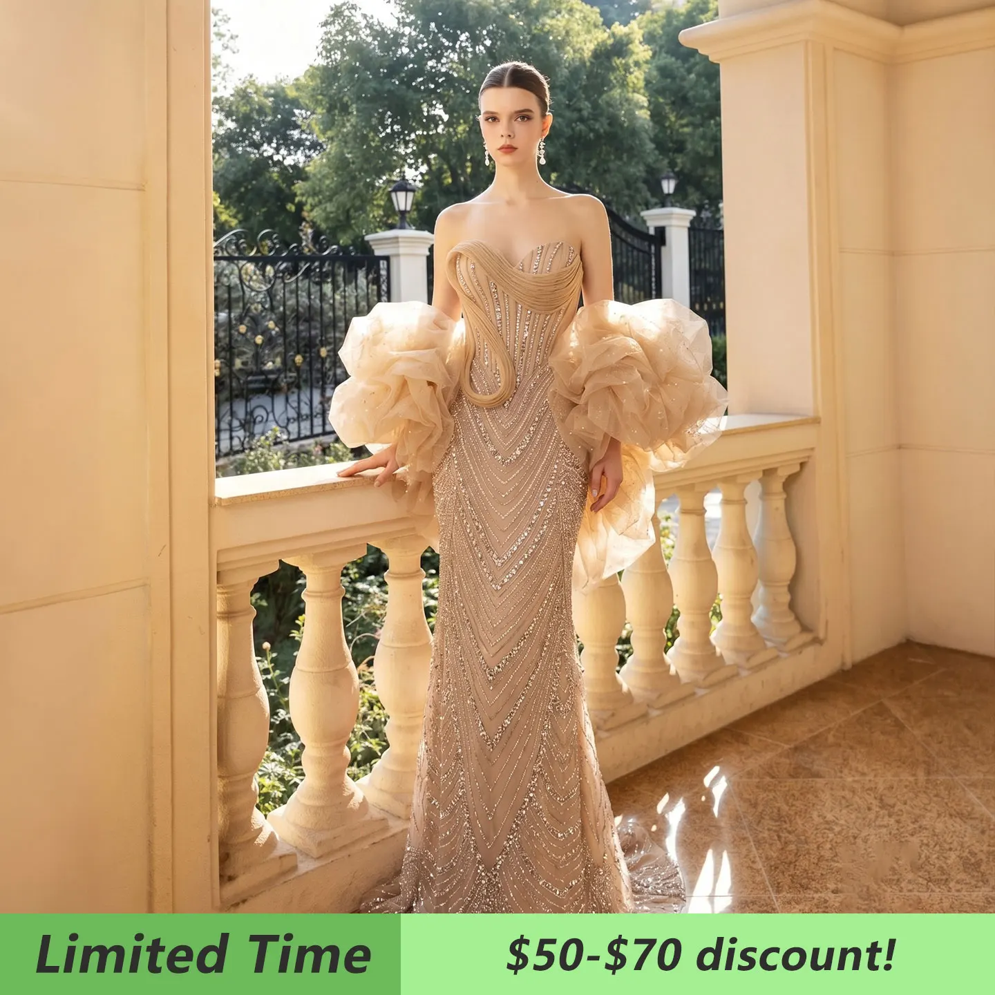 Sharon Said Luxury Champagne Sweetheart Evening Dress Puffy Tulle Sleeve Mermaid Formal Occasion Party Gowns SS436 Customized