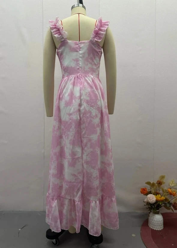 Vestido francés para mujer, moda dulce, teñido anudado, estampado, cintura alta, ajustado, diseño de volantes, tirantes, sin mangas, corte en A, Maxi vestidos