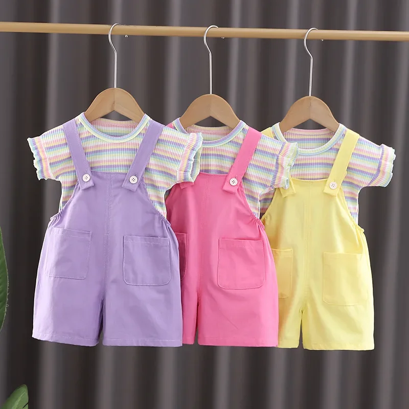 

New Summer Baby Clothes Children Girls Short Sleeved Suit T-Shirt Overalls 2Pcs/Sets Infant Casual Striped Costume Kids Clothing