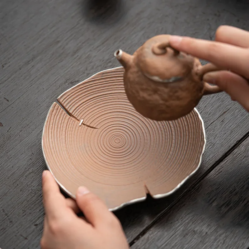 Empty Zhai Pot Tray Old Rock Clay Silver Gilded Stoneware Water Drop Container Dry Pour Plate Cup Mat Tea Tray Fruit Plate view 2