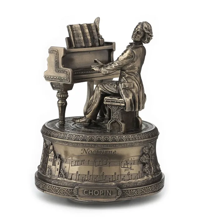 Vintage Bronze Chopin Playing Piano Resin Music Box Statue Famous Pianist Composer Figurine Home Study Tabletop Decoration Gift