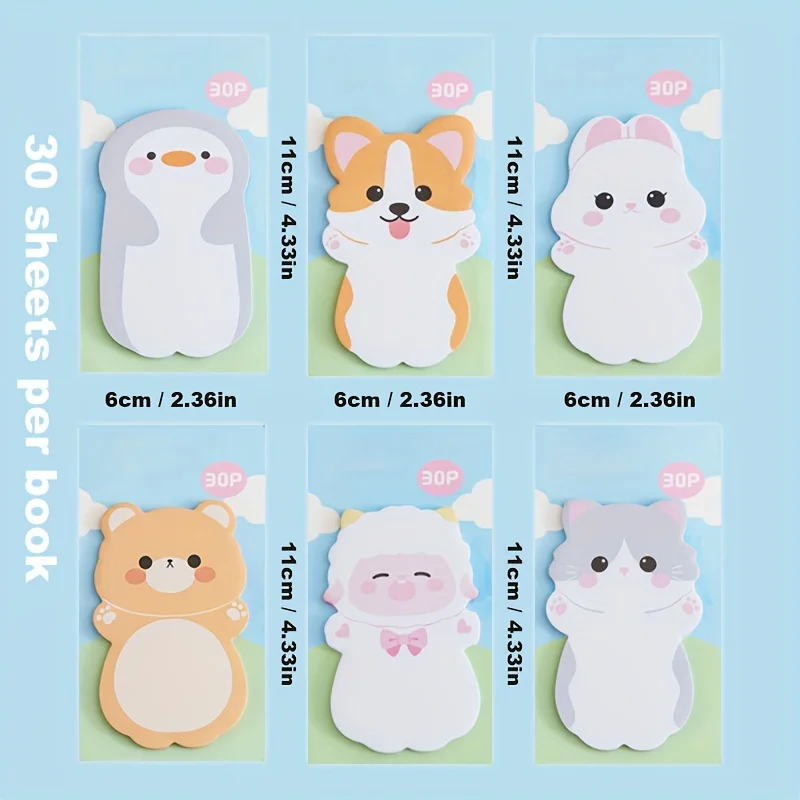 6 Books Cute Animal Shaped Sticky Notes, Self‑Adhesive Cartoon Decor Memo Labels for Student Office Message Marking Use
