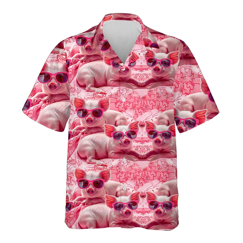 Homens e Mulheres Cute Piggy Piggy Camisas Gráficas, Kawaii Pig Beach Shirt, Funny Animal Lapel Blusa, Férias Blusas Unisex de Manga Curta