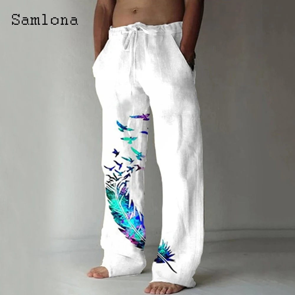 Samlona 2022 Men's Pocket Design Linen Pants Drawstring Loose Trouser Plus Size 3xl Mens Fashion Birds Feather Print Sweatpants