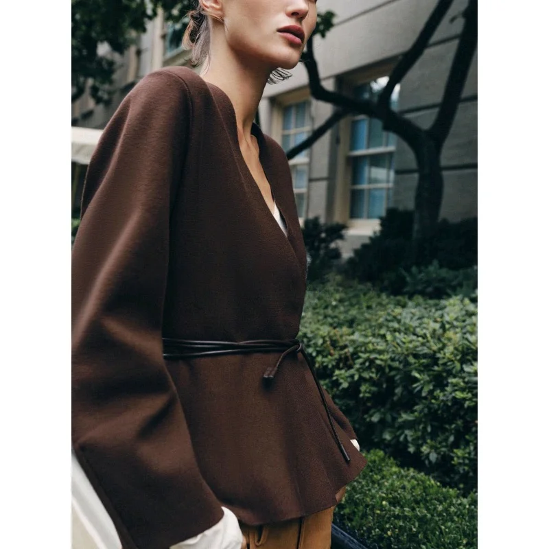 

Новое осеннее поступление, женское вязаное длинное пальто Sve V-Ne с поясом, открытый кардиган из полиэфирного волокна Briti Sle