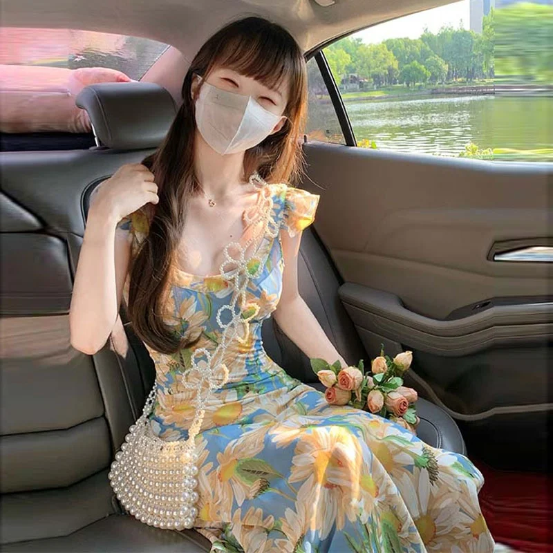 

Summer Floral Print Off-Shoulder Dress Women's Vacation Coast Beach Long Skirt Cotton Soft Elastic Waist V-Neck Sleeveless Dress