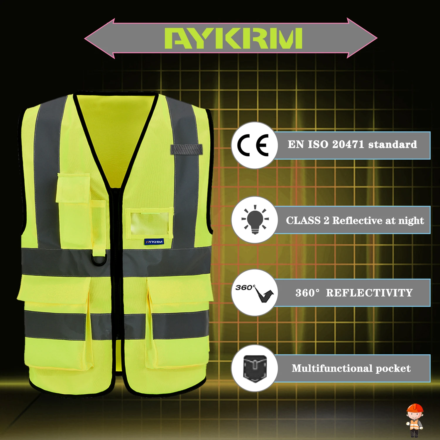 AYKRM 21 Colour （XS-8XL) Hi Vis Viz High Visibility Reflective Zip Pocket Security Waistcoats Jacket Workwear Vests