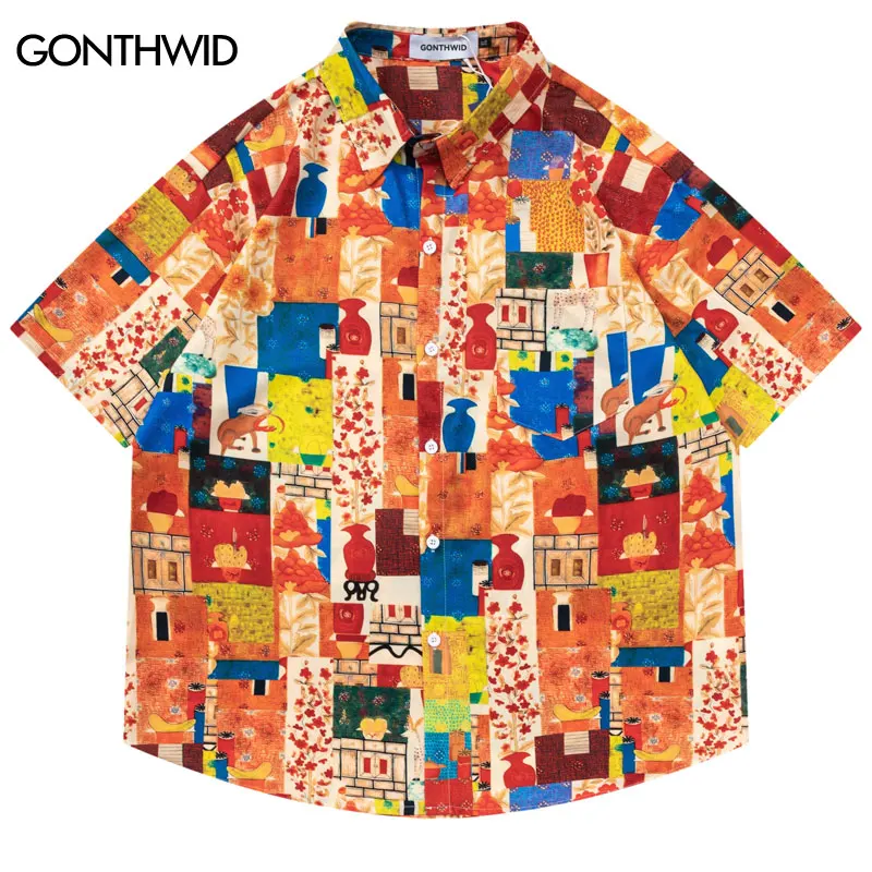 

Vintage Hawaiian Shirt Streetwear Retro Graphic Print Summer Beach Shirts Men Hip Hop Harajuku Loose Short Sleeve Button Up Tops