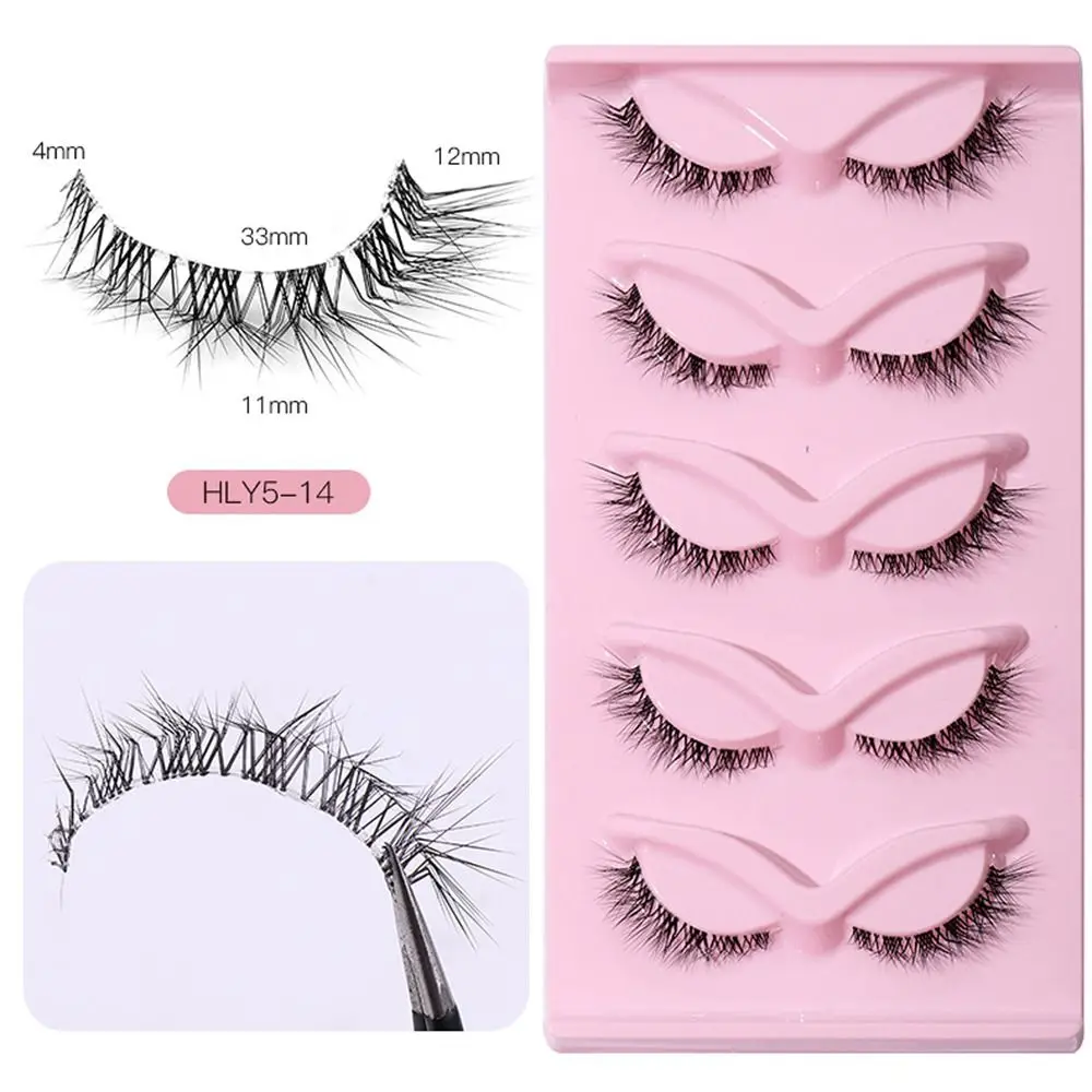 5 Pair 3D L Curl False Eyelashes Eye Tail Lengthening Full Strip Cat Eye Fake Lashes Clear Stem Oblique Faux Mink Lashes