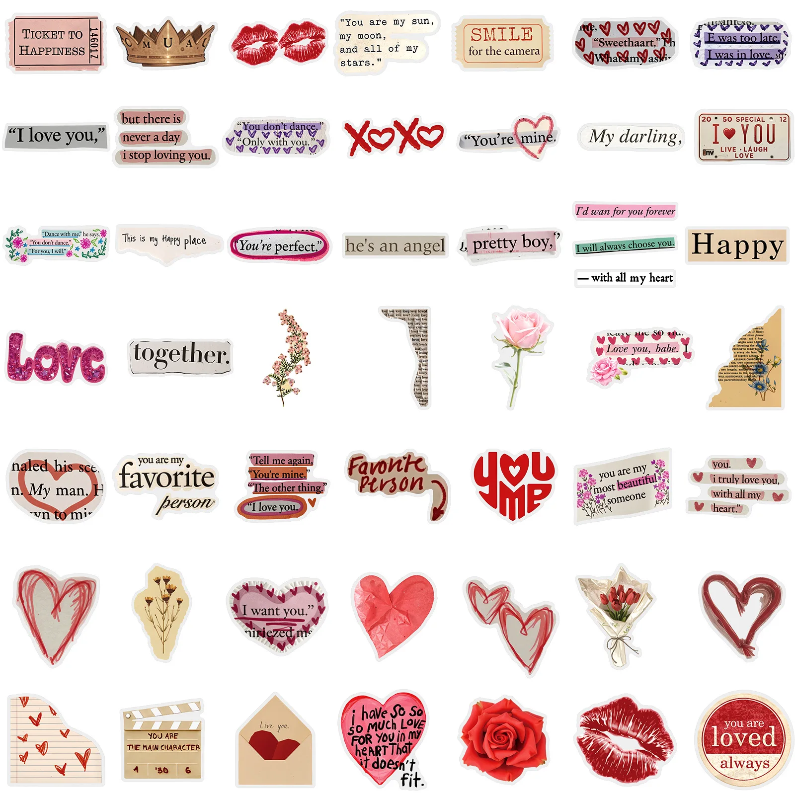 100Pcs Vintage Love Rose Stickers Heart Lip Kiss Quote Ephemera Junk Journal Scrapbooking DIY Album Valentines Decor Supplies
