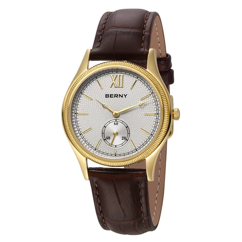 Imagen 2 del producto Reloj BERNY de lujo para hombre, vestido elegante clásico ultrafino, relojes de cuarzo dorados para hombre, correa de cuero, reloj de pulsera de negocios a la moda