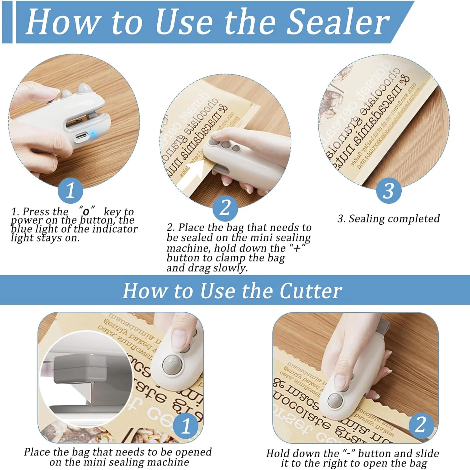 سدادة أكياس صغيرة، 2 في 1، سدادة أكياس رقاقة مع سدادة أكياس قابلة لإعادة الشحن، آلة إعادة إغلاق محمولة للحقائب البلاستيكية Foo