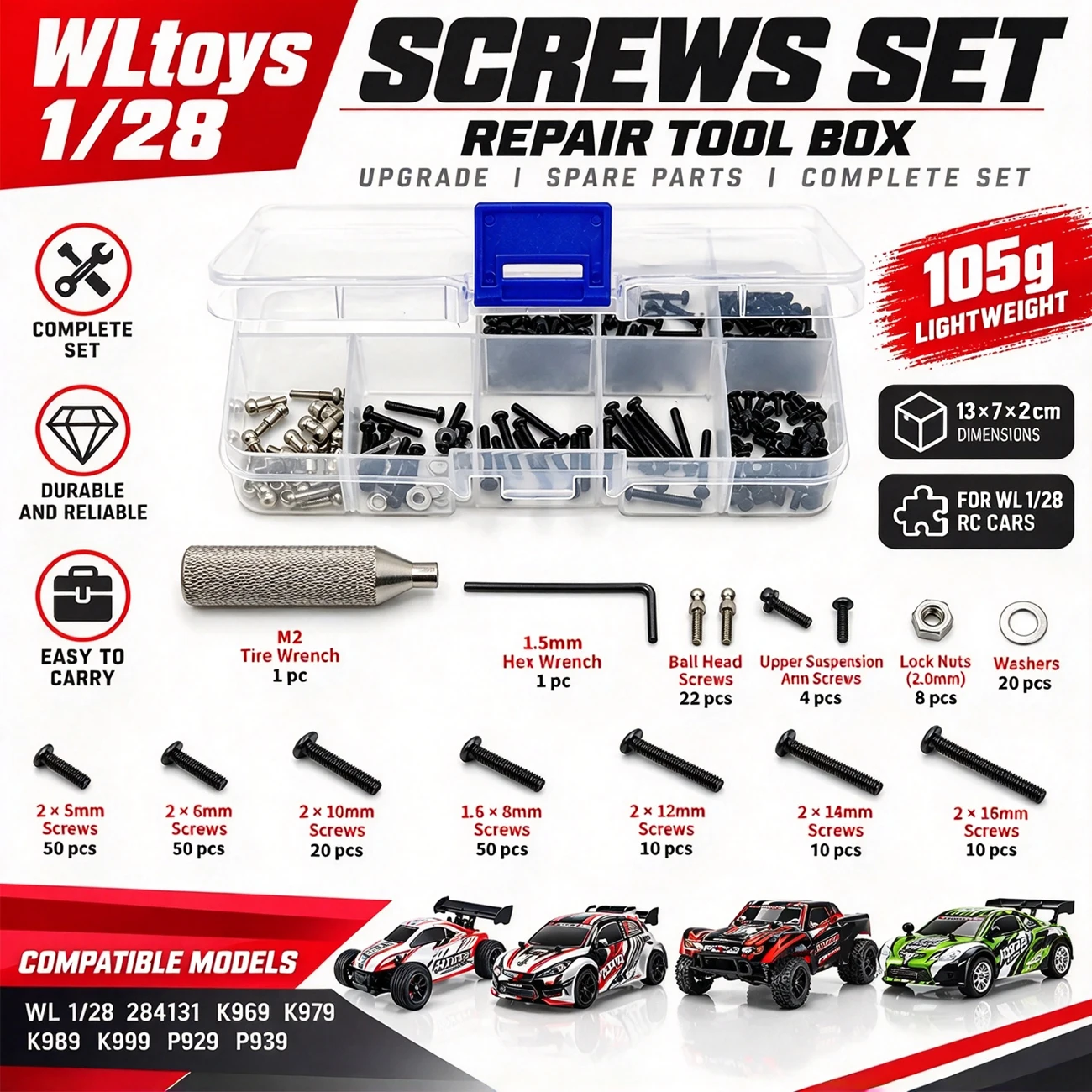 Screws Set Repair Tool Box for 1/28 WLtoys 284131 K969 K979 K989 K999 P929 P939 RC Car Truck Upgrade Spare Parts Accessories