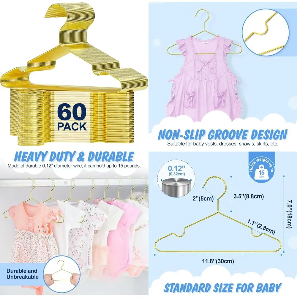 Robuste grucce in filo metallico per vestiti per bambini, 12 pollici, confezione da 60, resistenti, salvaspazio, ideali per guardaroba per neonati e bambini piccoli